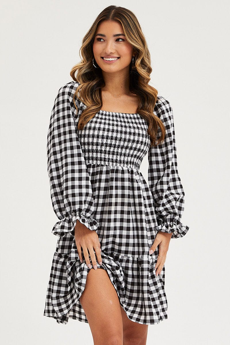 Check Skater Dress Puff Sleeve Mini