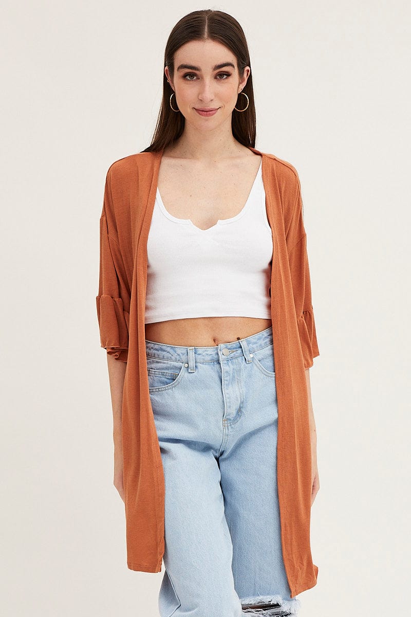 Beige Ruffle Sleeve Longline Cardigan