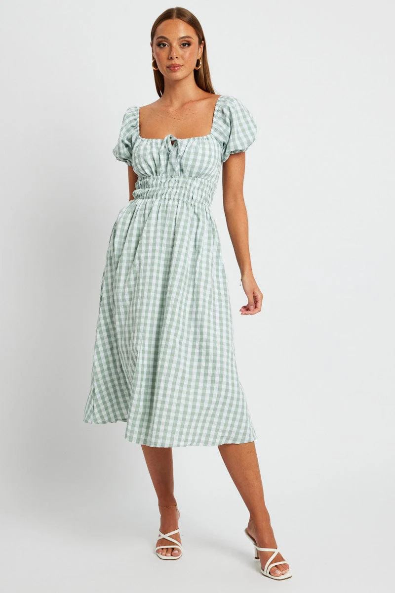 Green Check Midi Dress Short Sleeve Ruched Bust