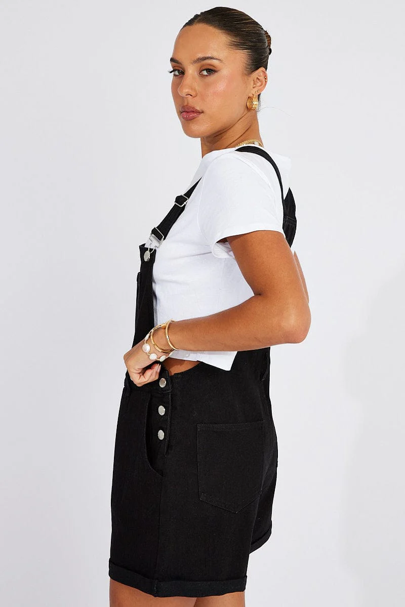 Black Short Denim Overalls