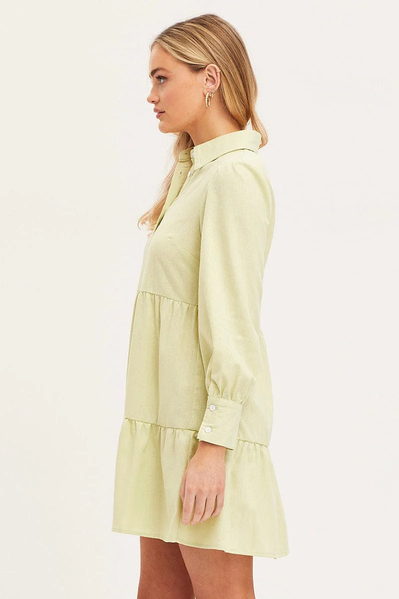 Green Shirt Dress Long Sleeve Button Front