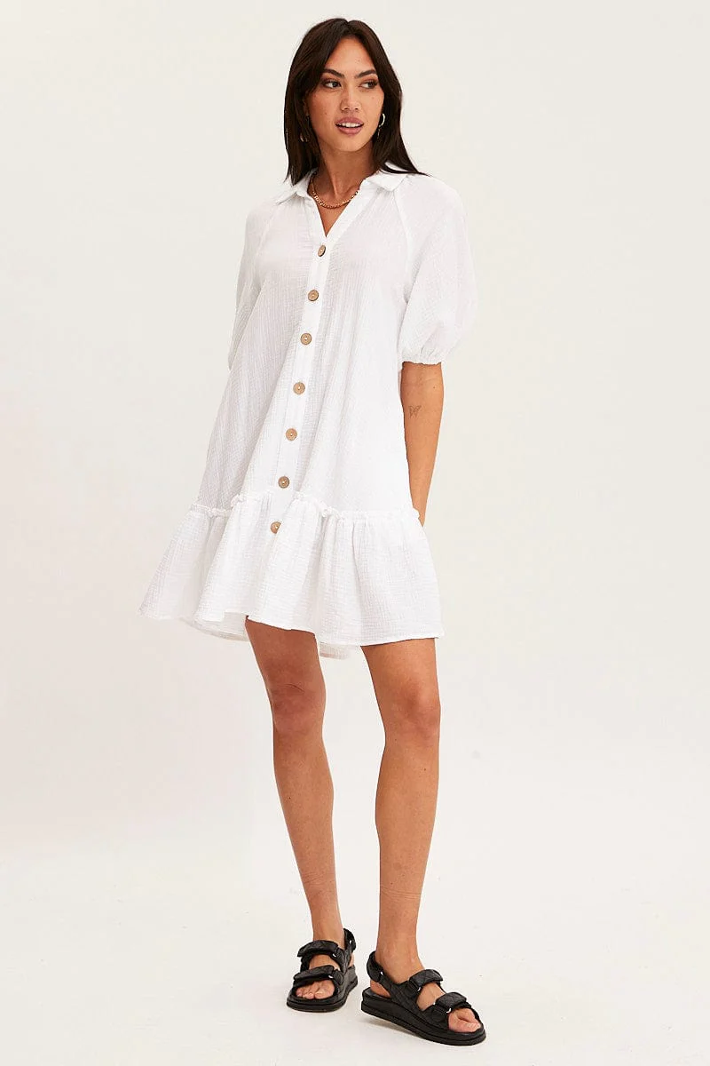 White Mini Dress Short Sleeve V Neck