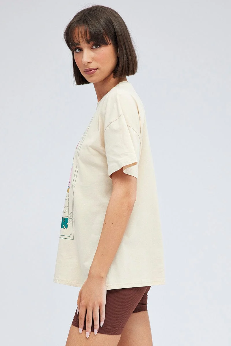 Beige Graphic Tee Festival Bright Oversized T-shirt