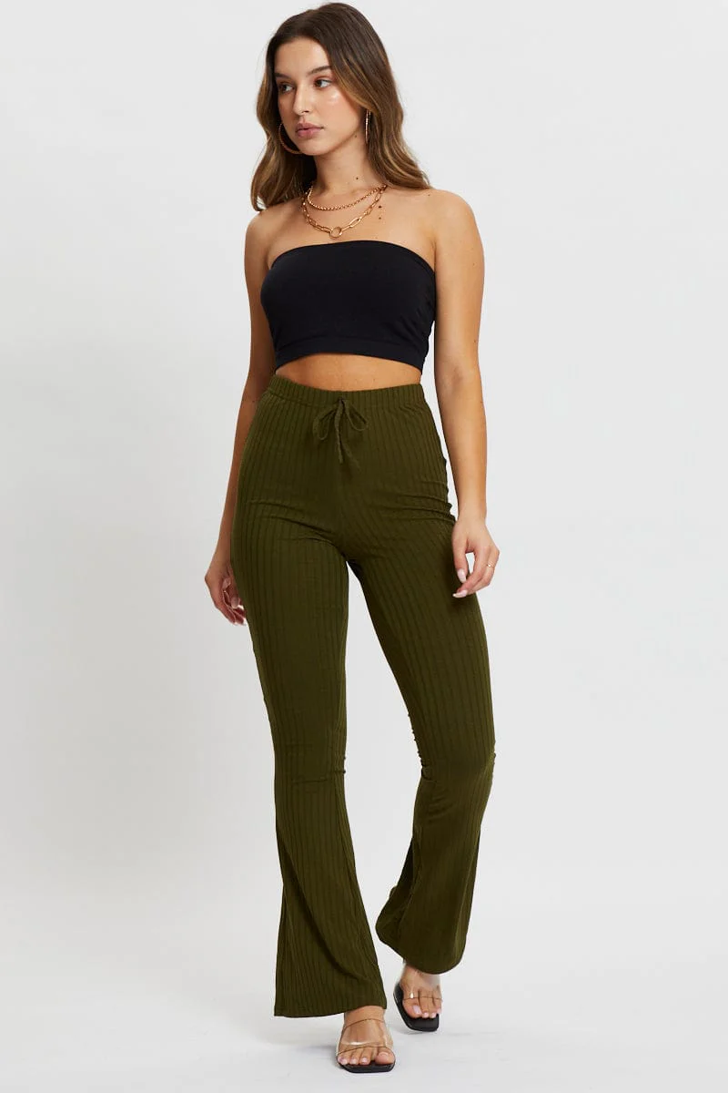 Green Jersey Rib Flared Pants