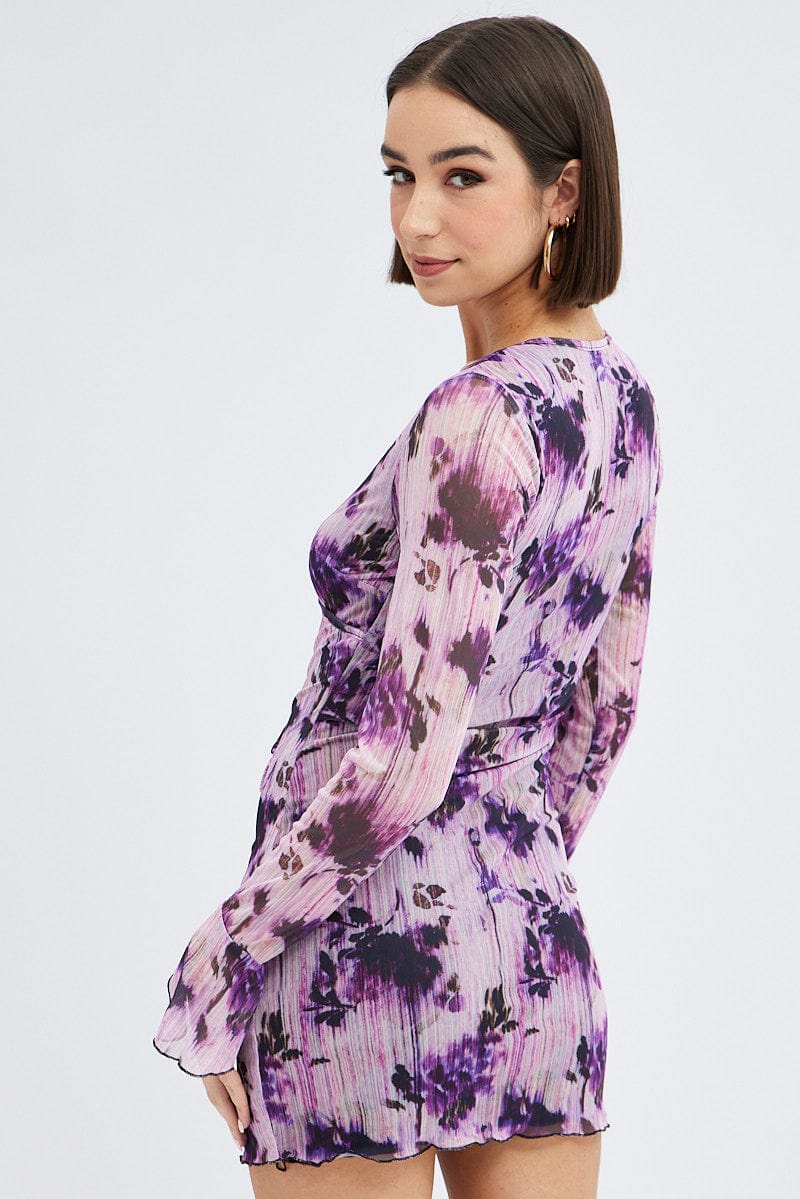 Purple Floral Mesh Dress Long Sleeve Mini