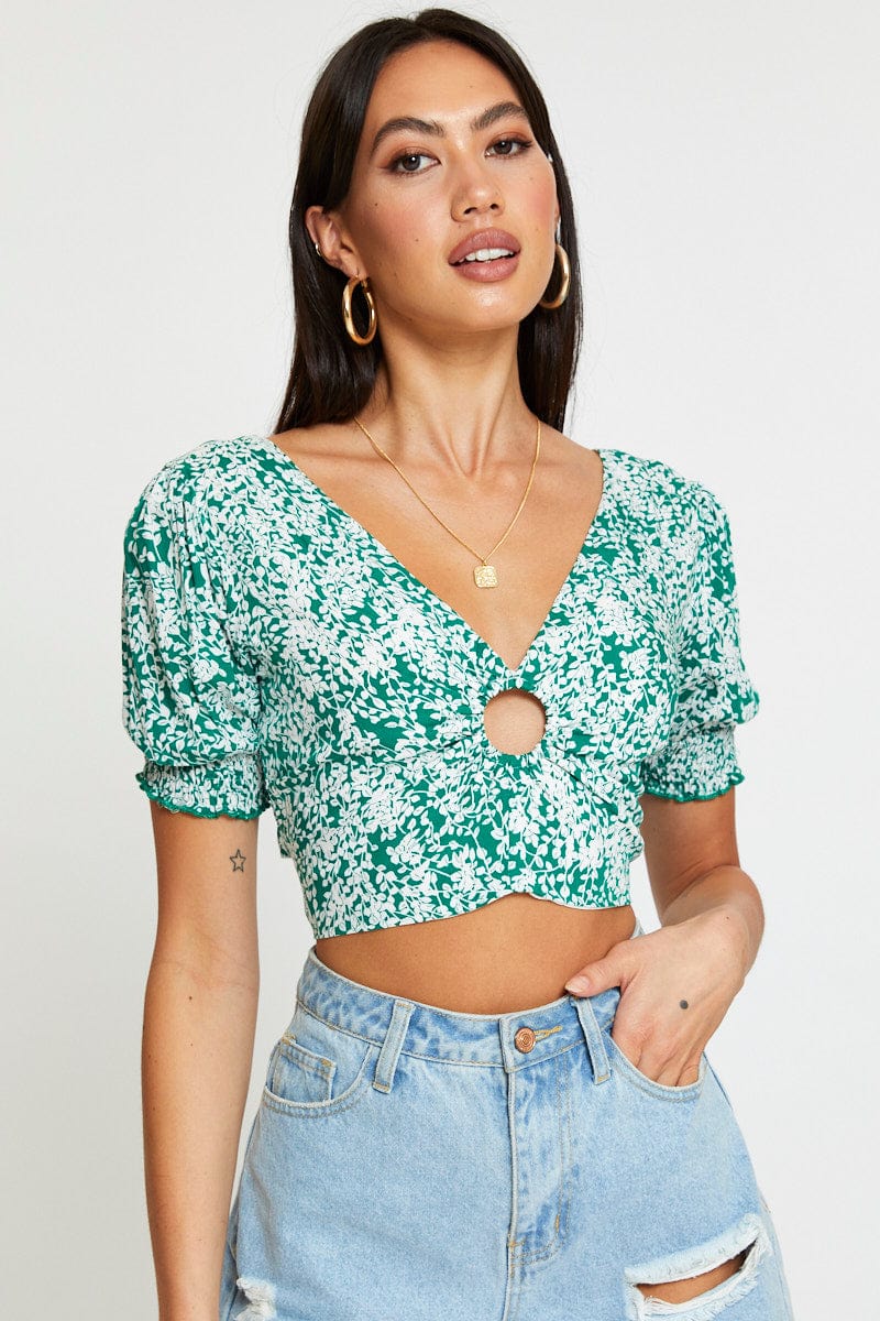 Ditsy Print Crop Top Short Sleeve Tie Up