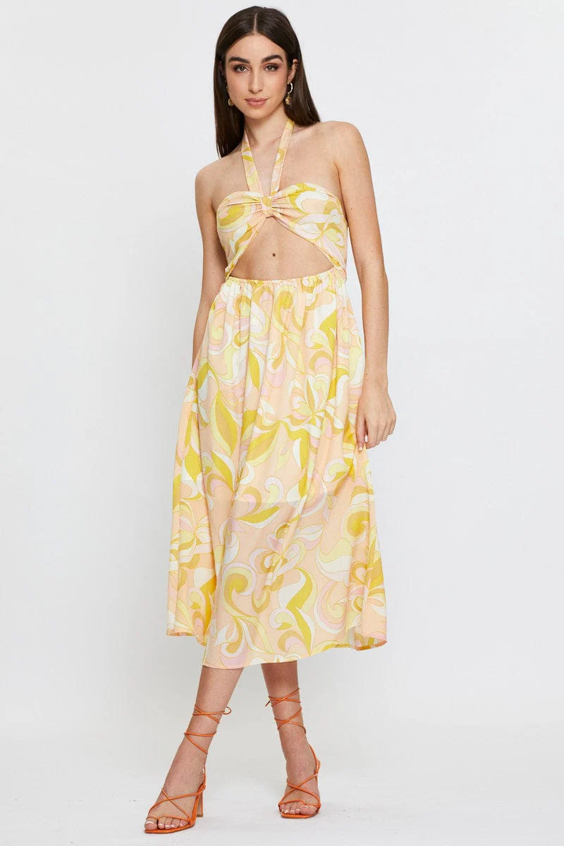 Abstract Print Maxi Dress Sleeveless Halter Neck