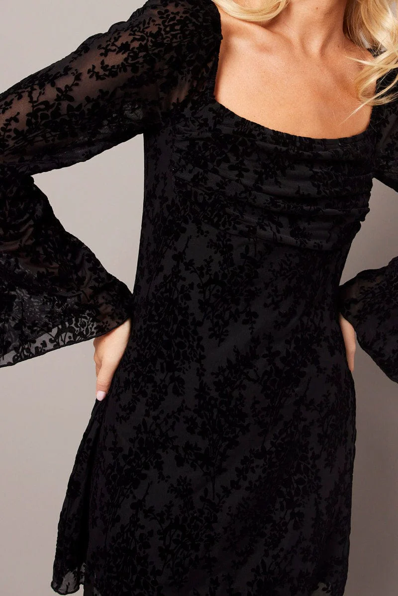 Black Mini Dress Long Sleeve Burnout
