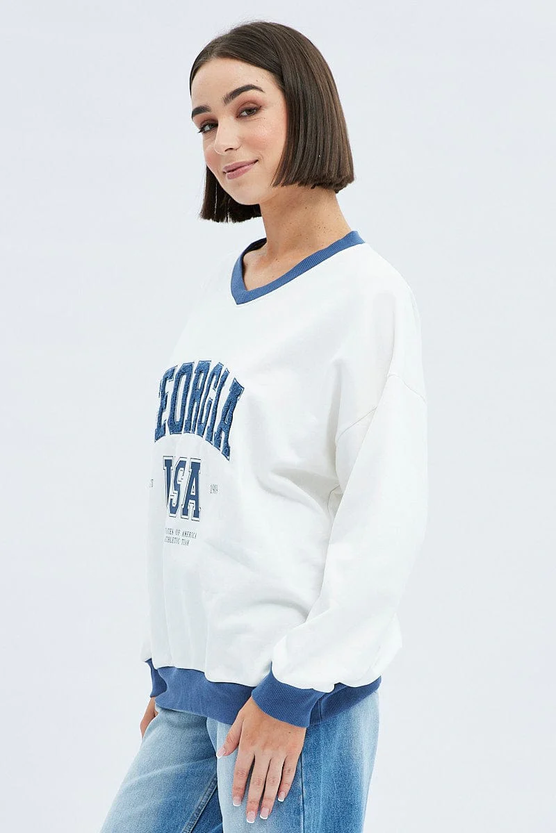 White Sweat Shirt Long Sleeve V-Neck Georgia Terry