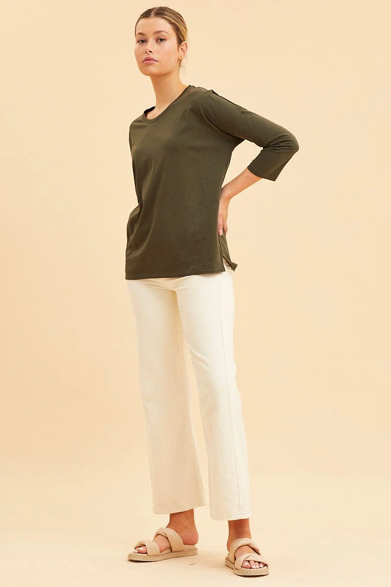 Green Cotton Top 3/4 Sleeve Drop Shoulder Relaxed Fit