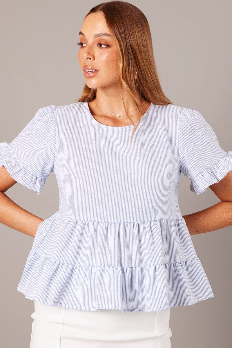 Blue Stripe Ruffle Top Short Sleeve