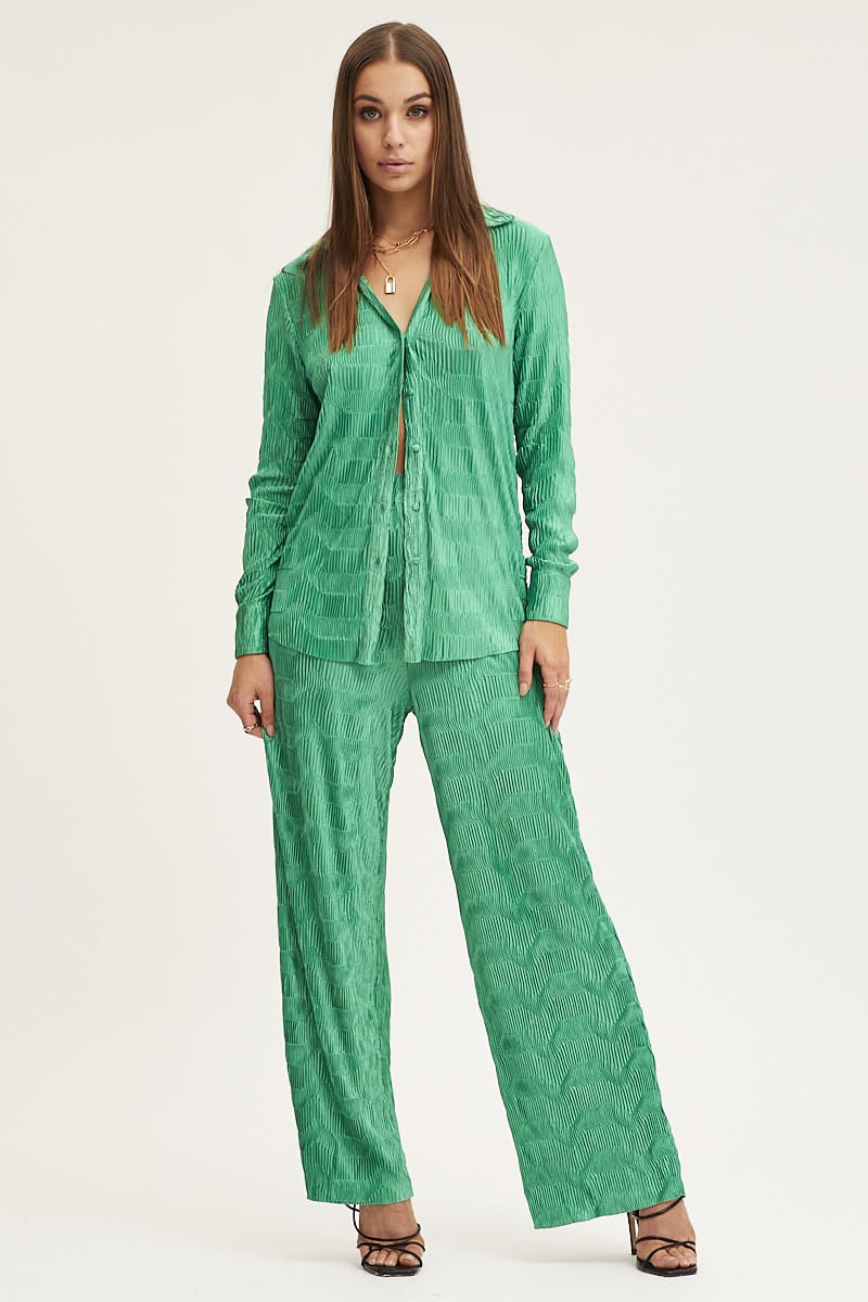 Green Plisse Shirts Long Sleeve