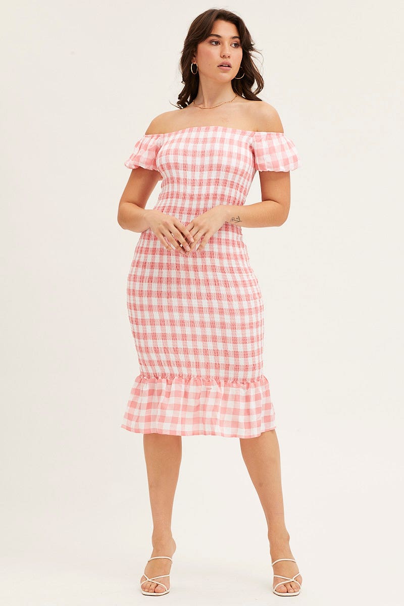 Check Shirred Midi Dress