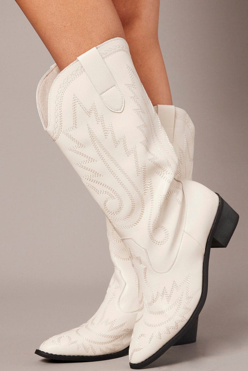 White Embroidered Cowboy Boots