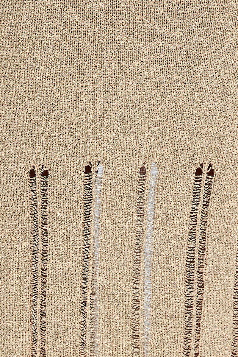 Beige Midi Skirt High Waisted A-line Ladder Knit