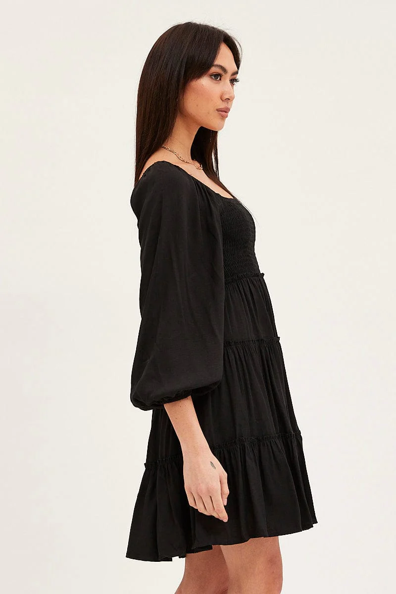 Black Fit And Flare Dress Long Sleeve Square Neck
