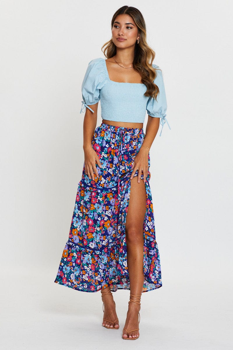 Blue Puff Sleeve Top Short Sleeve Crop