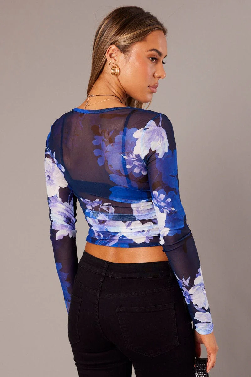 Blue Floral Mesh Top Long Sleeve Side Rushed