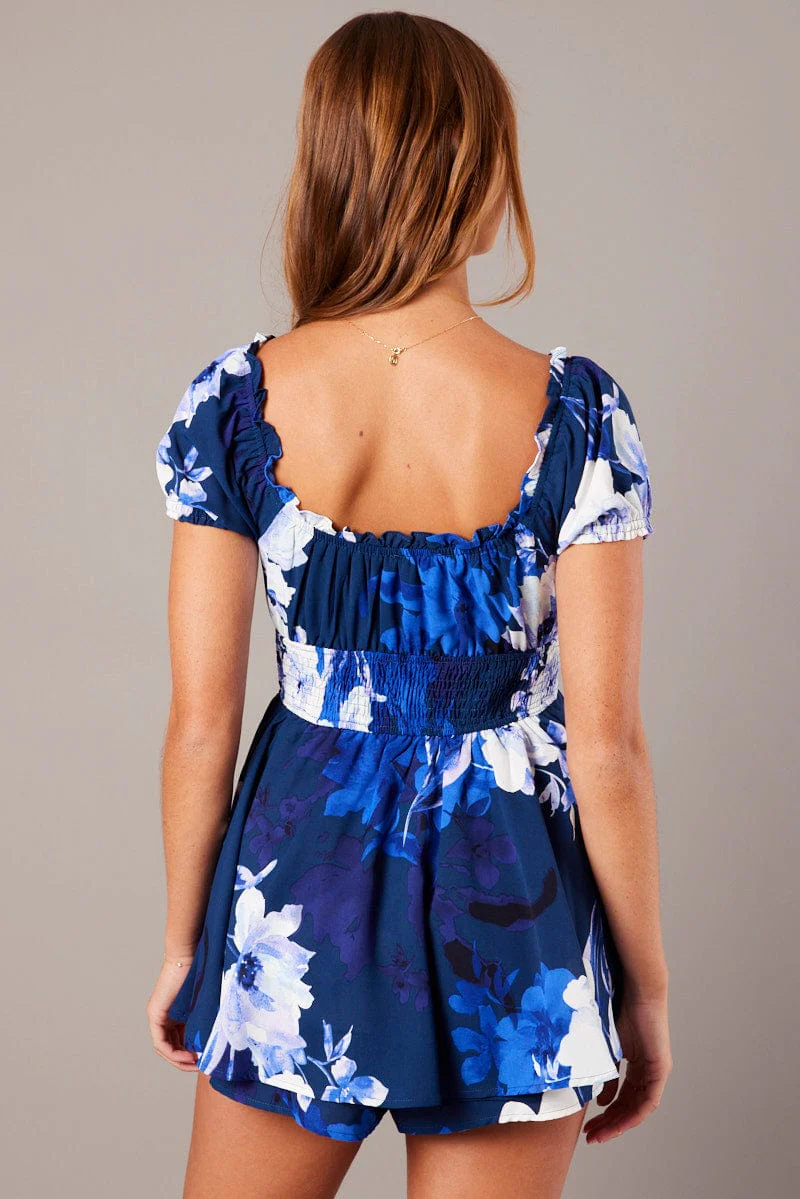 Blue Floral Ruffle Playsuit Short Sleeve