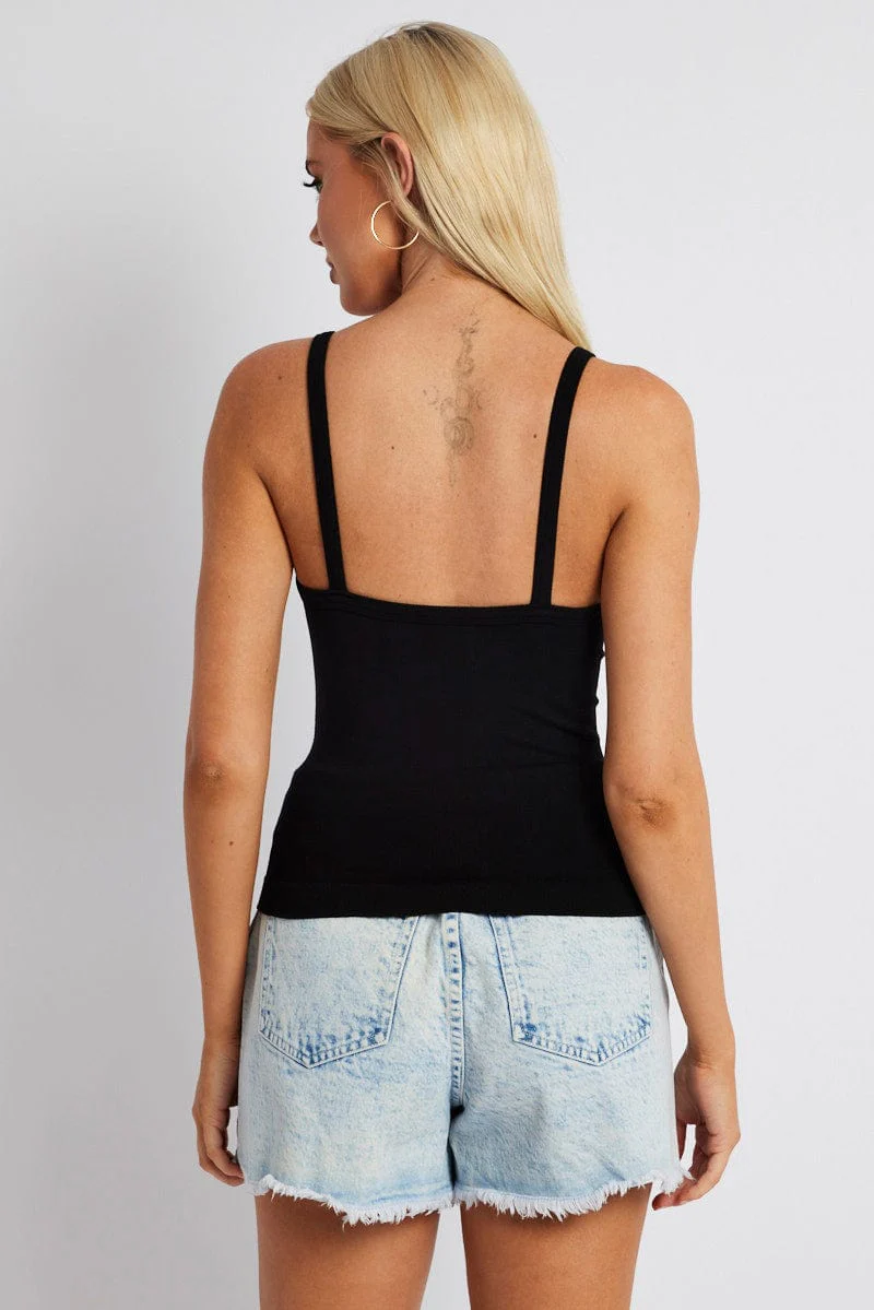 Black Singlet Top Seamless Sleeveless Longline