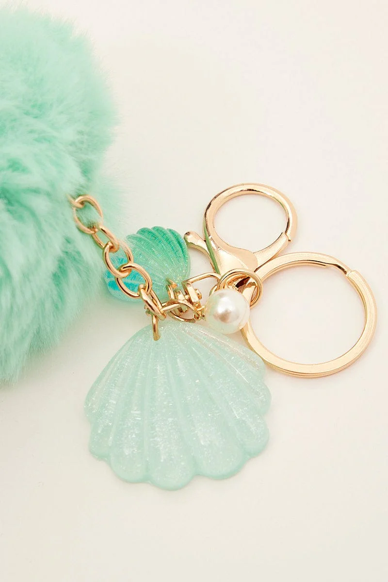 Blue Shell And Pearl Charm Pom Pom Keyring