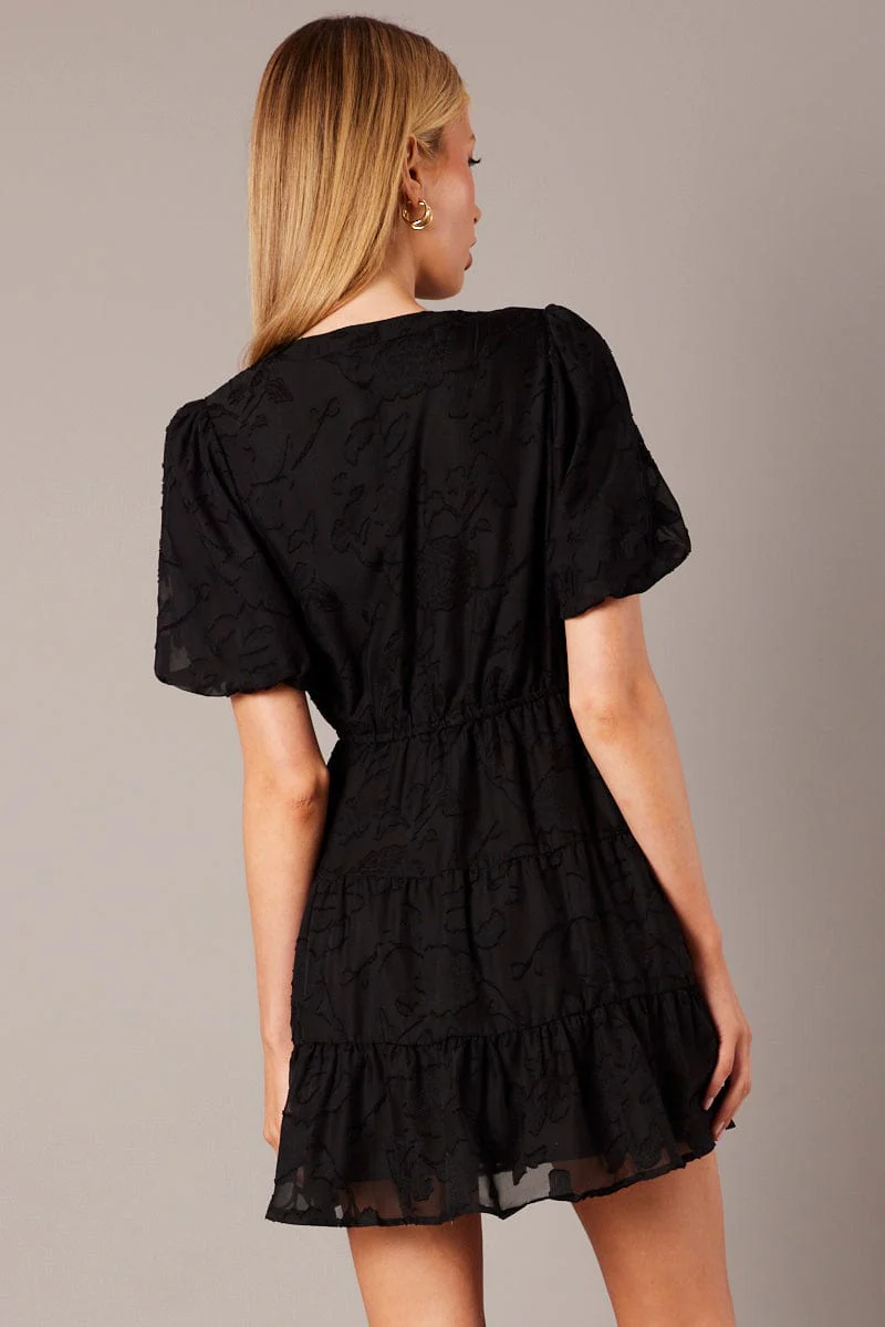 Black Fit And Flare Dress Puff Sleeve Burnout Fabric