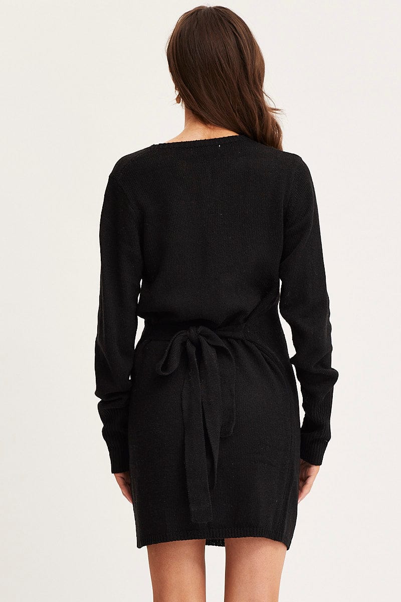 Black Wrap Dress Long Sleeve Mini Knit