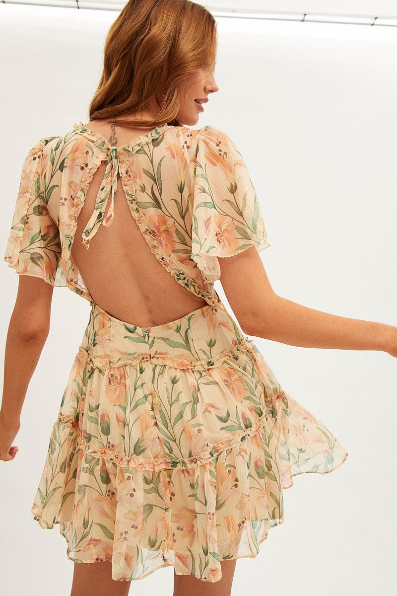 Orange Floral Fit And Flare Dress Short Sleeve Backless