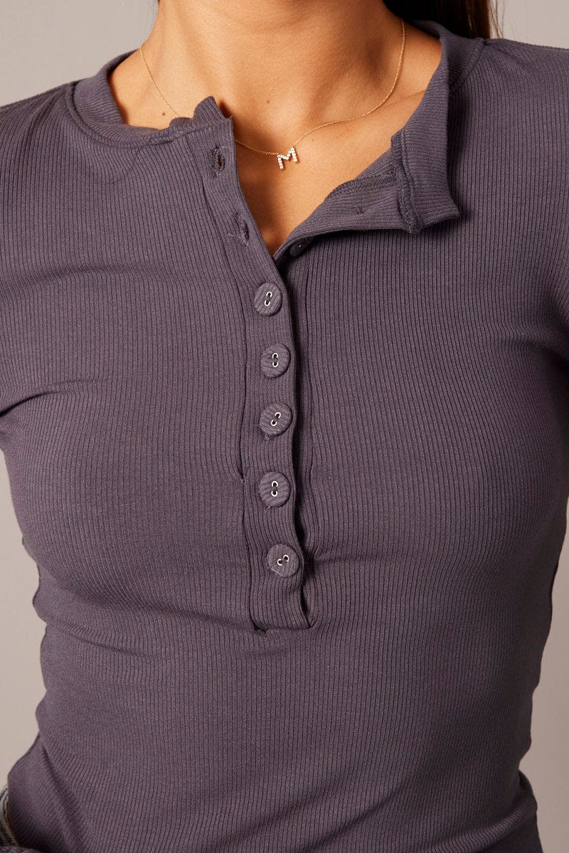 Grey Button Front Top Long Sleeve