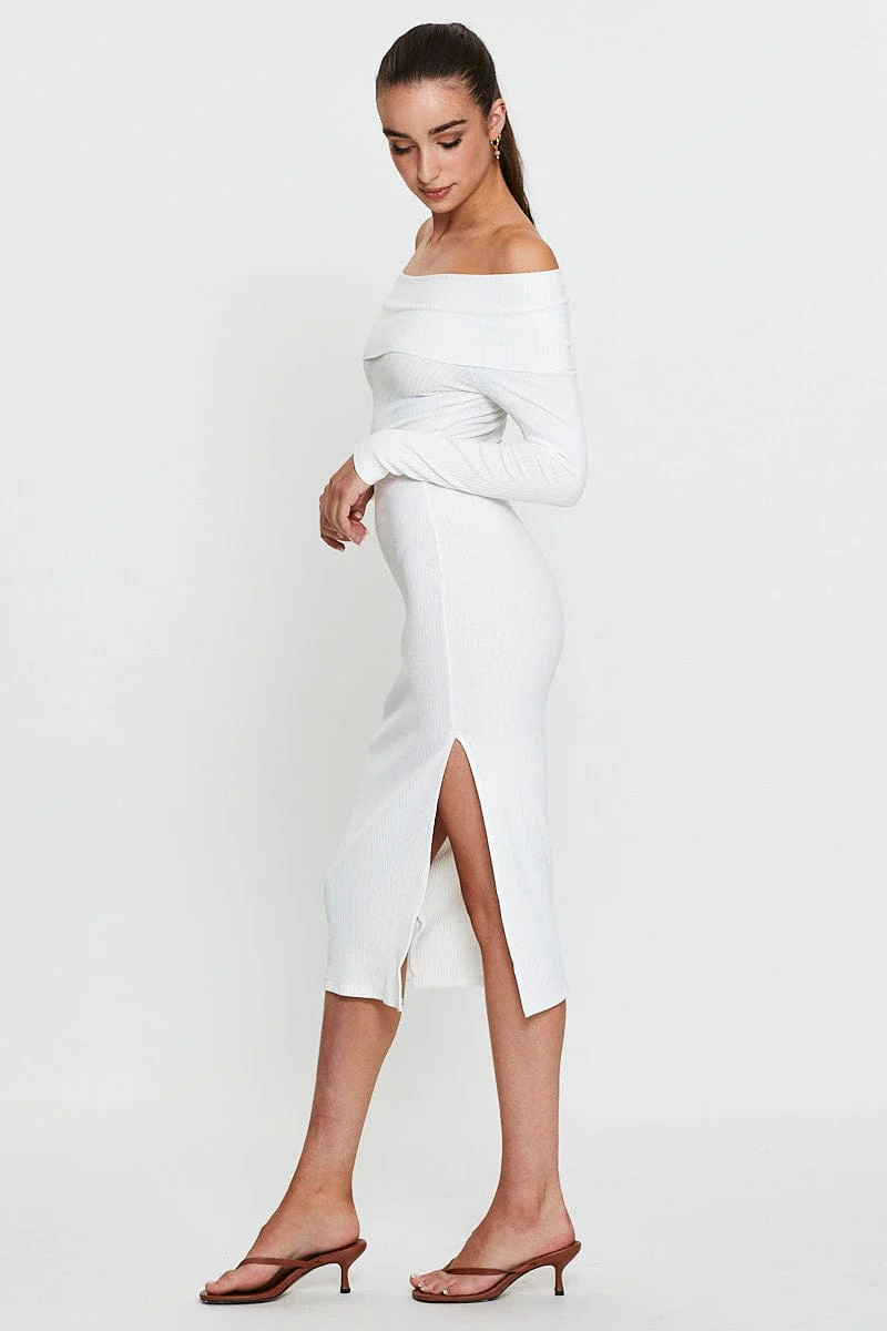 White Midi Dress Off Shoulder Long Sleeve