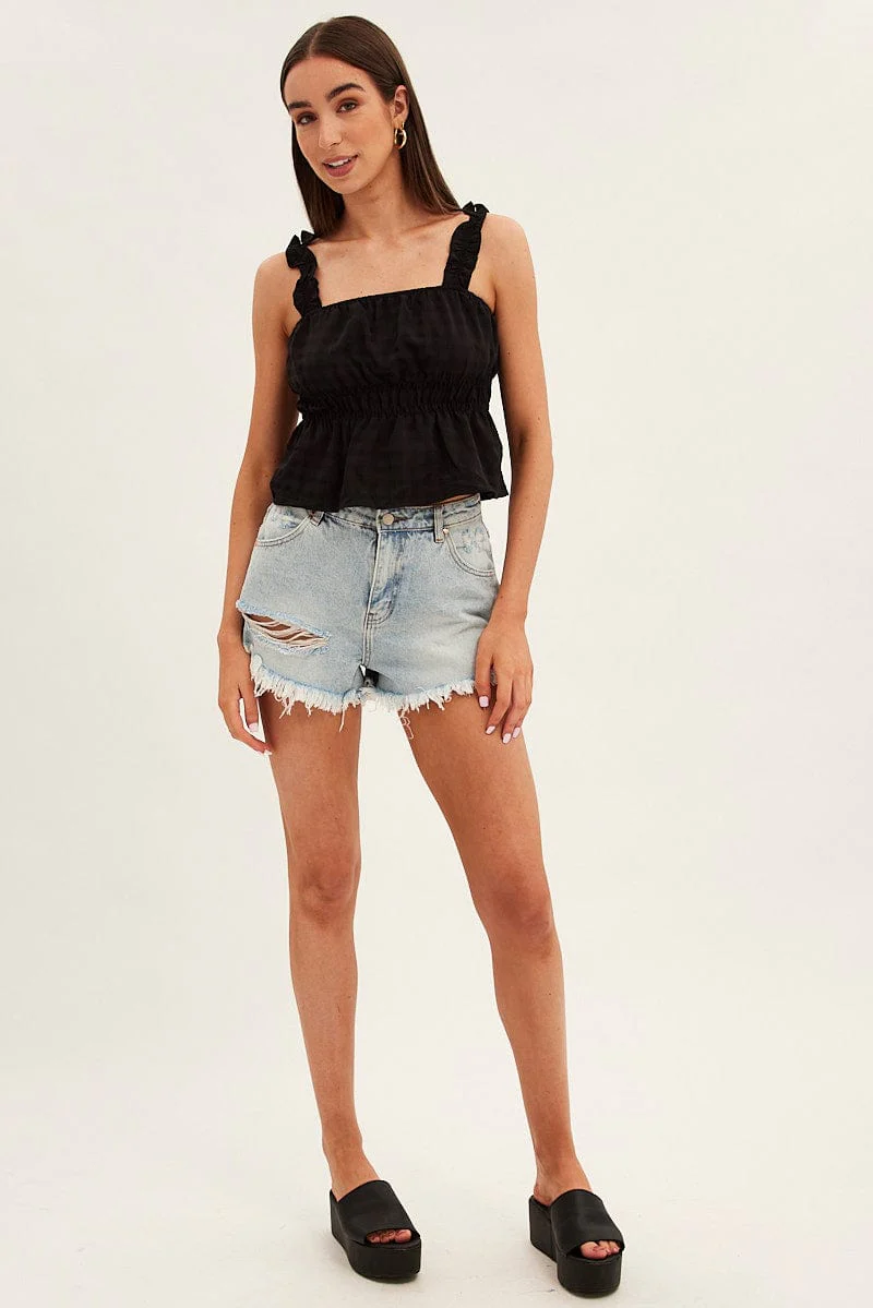 Black Ruffle Top Self Check Strap Gathered Waist Crop
