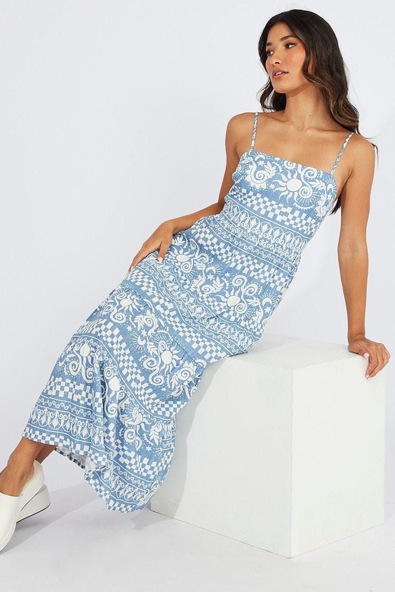 Blue Abstract Maxi Dress Tiered Strappy