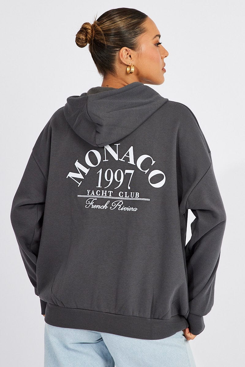 Grey Zip Hoodie Long Sleeve Graphic Print