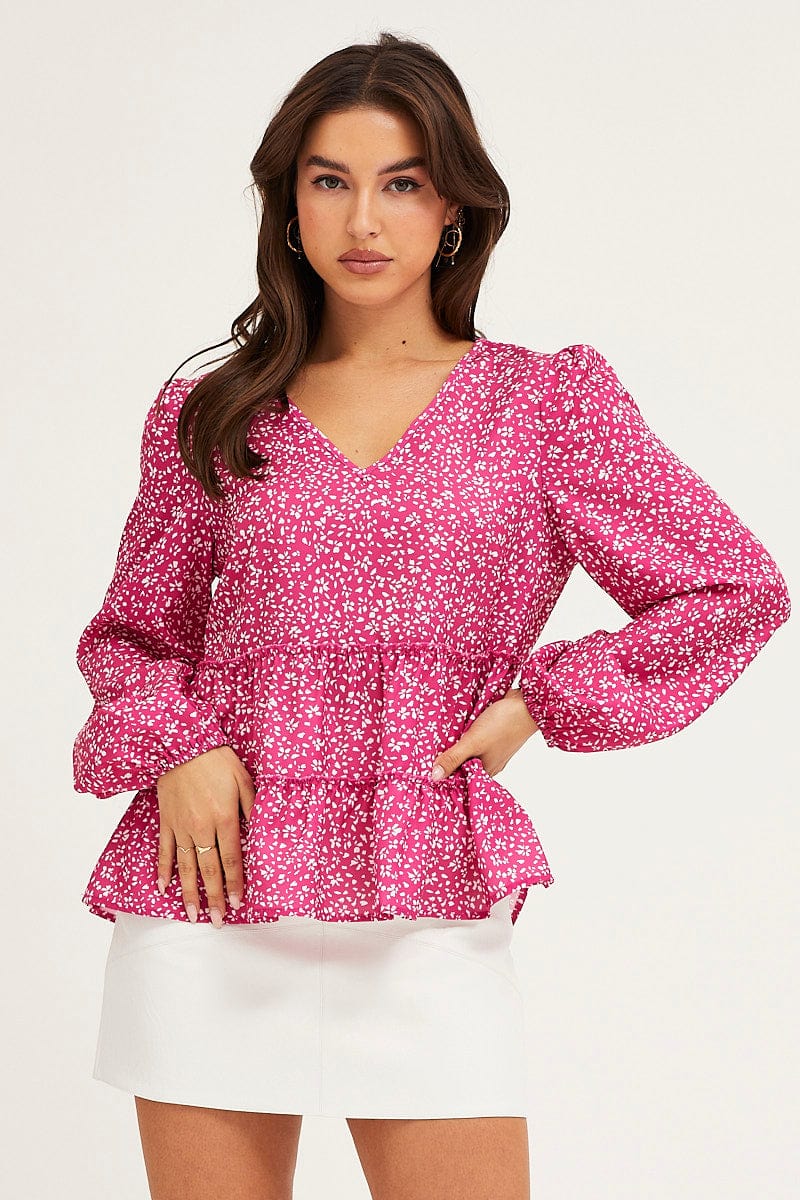 Ditsy Print Ruffle Top Long Sleeve