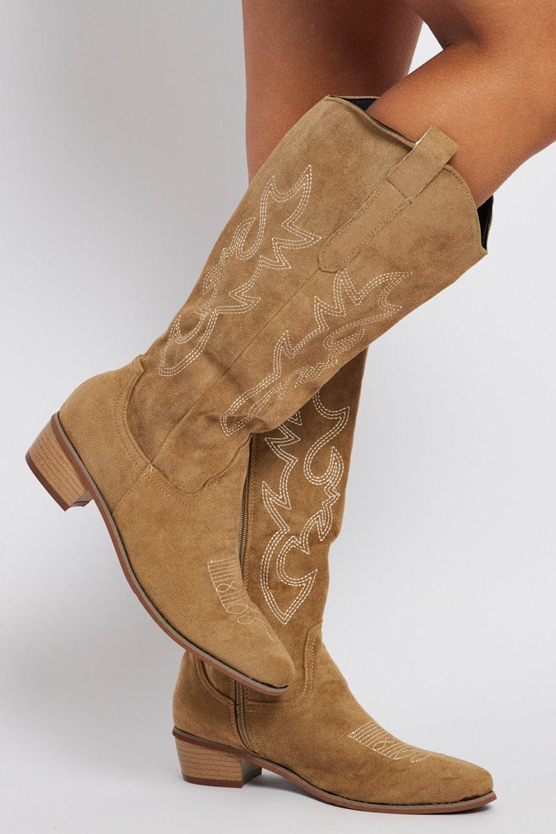 Beige Embroidered Western Boots