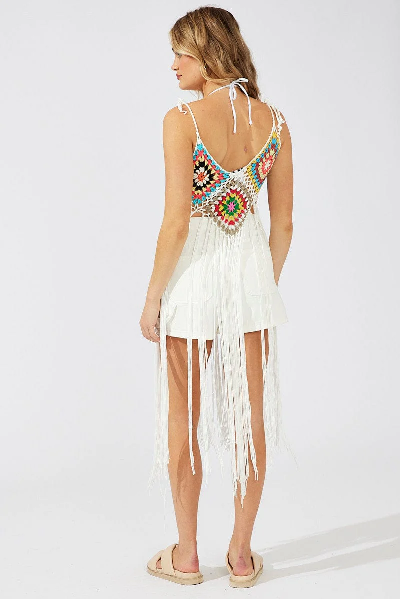 White Crochet Knit Top Tassel