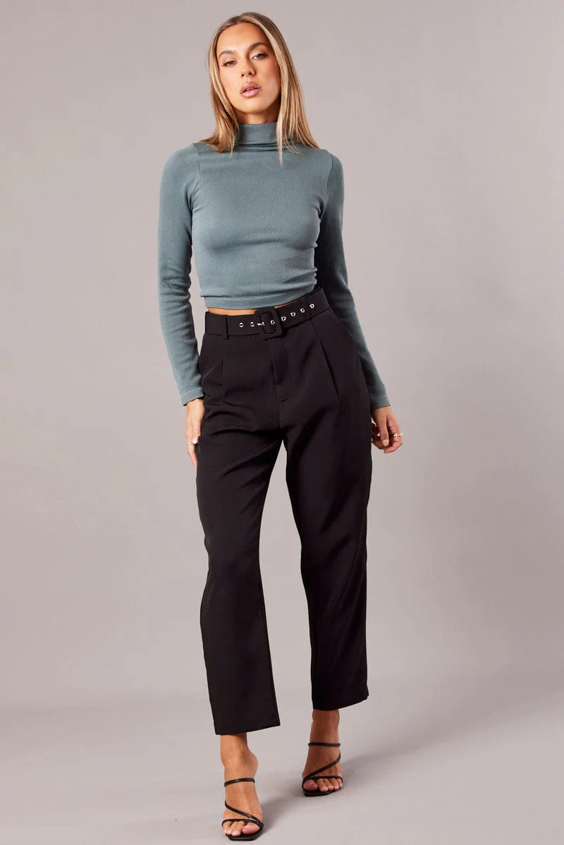 Black Tapered Pants High Rise Belted