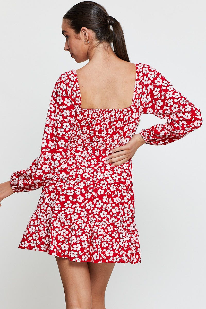 Print Mini Dress Long Sleeve Square Neck