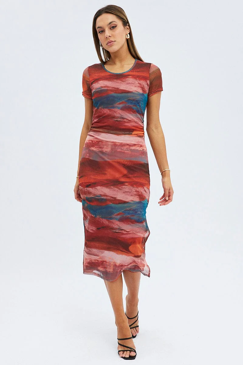 Brown Abstract Midi Dress Short Sleeve Bodycon Mesh