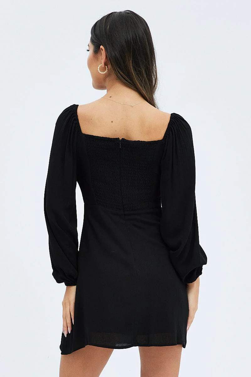 Black Mini Dress Ruched Bust Long Sleeve