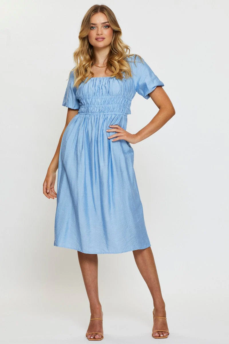 Blue Midi Dress Short Sleeve Square Neck