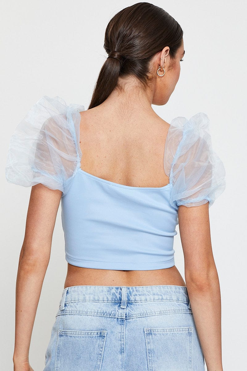 Blue Designer Organza Puff Shoulder Top