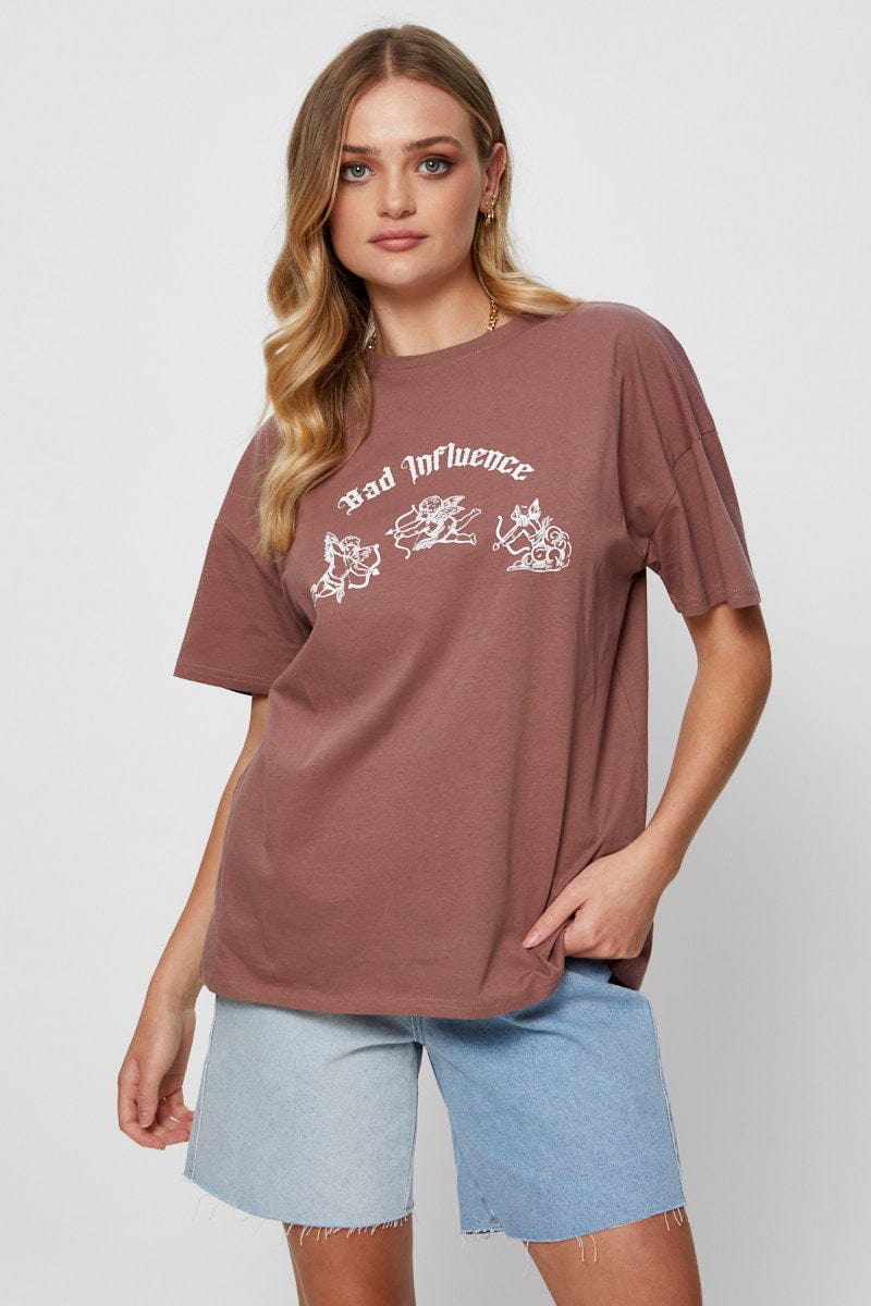 Brown Graphic T Shirt Short Sleeve Crop