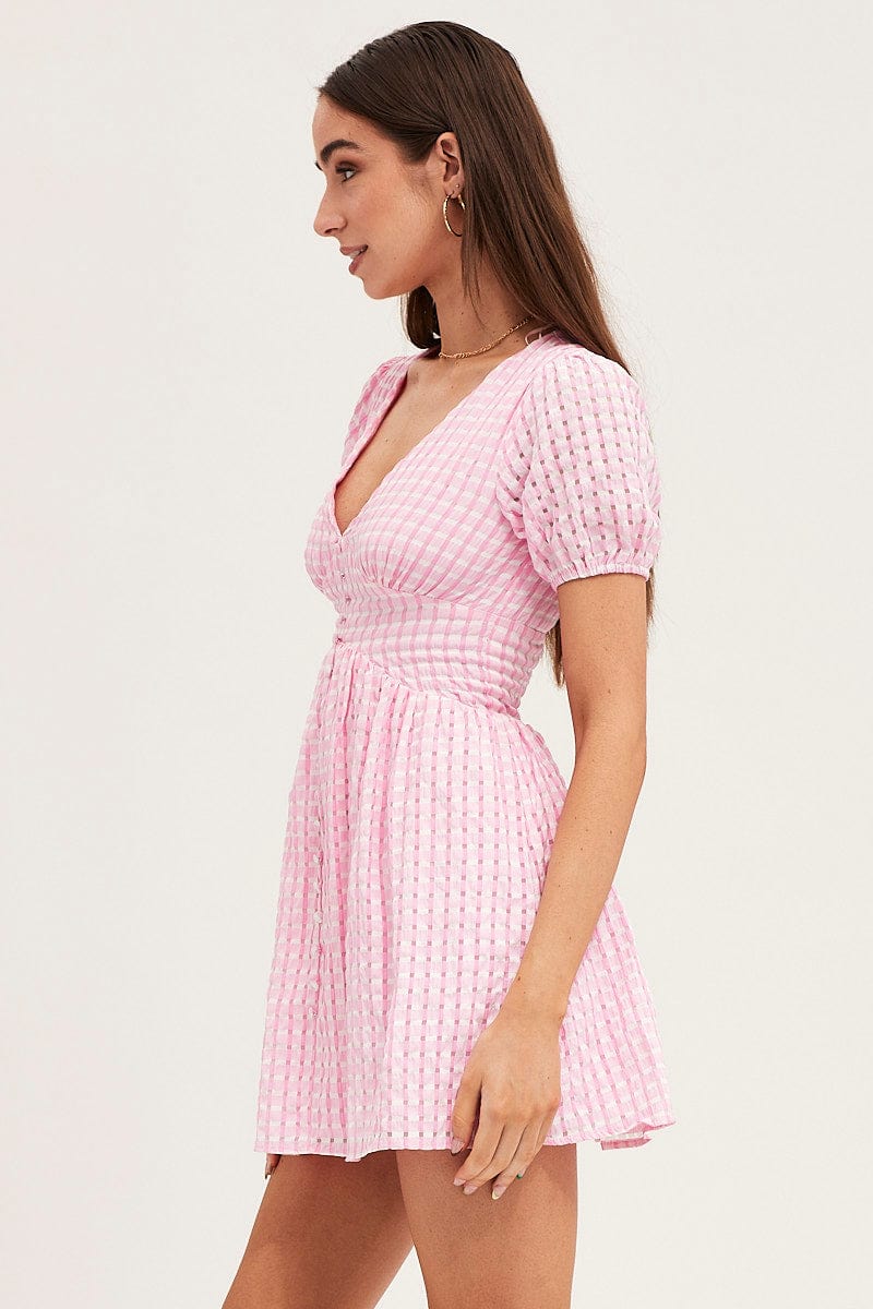 Check Skater Dress Short Sleeve Mini V Neck