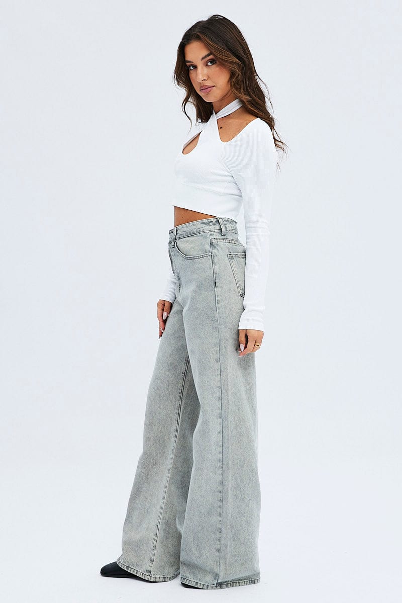 Grey Wide Leg Jean Mid Rise