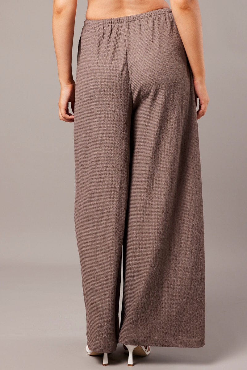 Brown Wide Leg Pants High Rise Textured Fabric