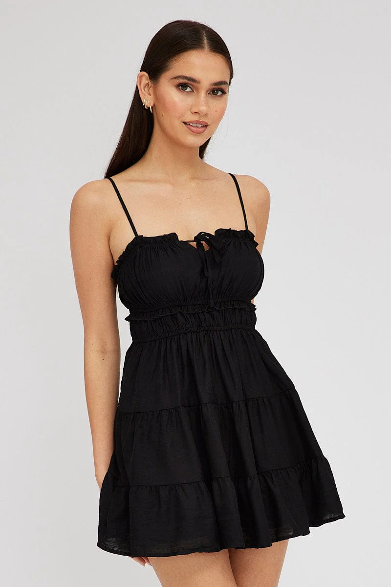 Black Fit and Flare Dress Sleeveless Tiered