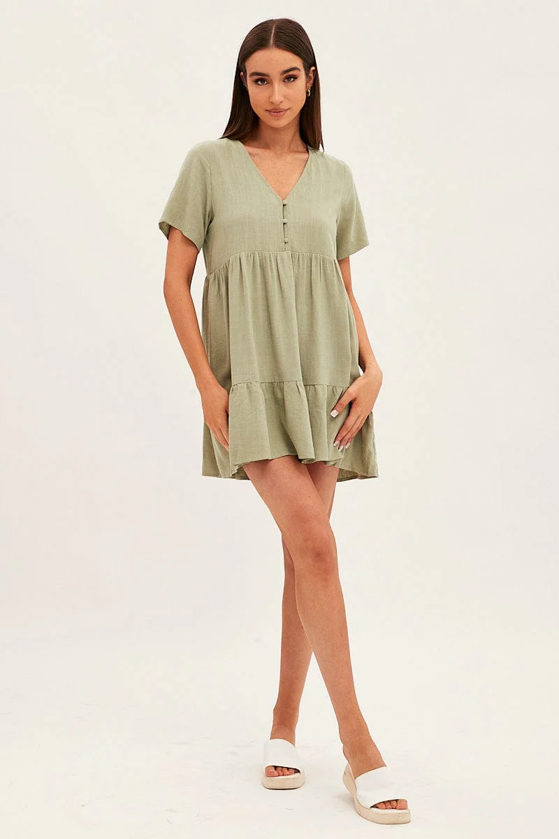 Green Smock Dress Short Sleeve V Neck Linen Blend