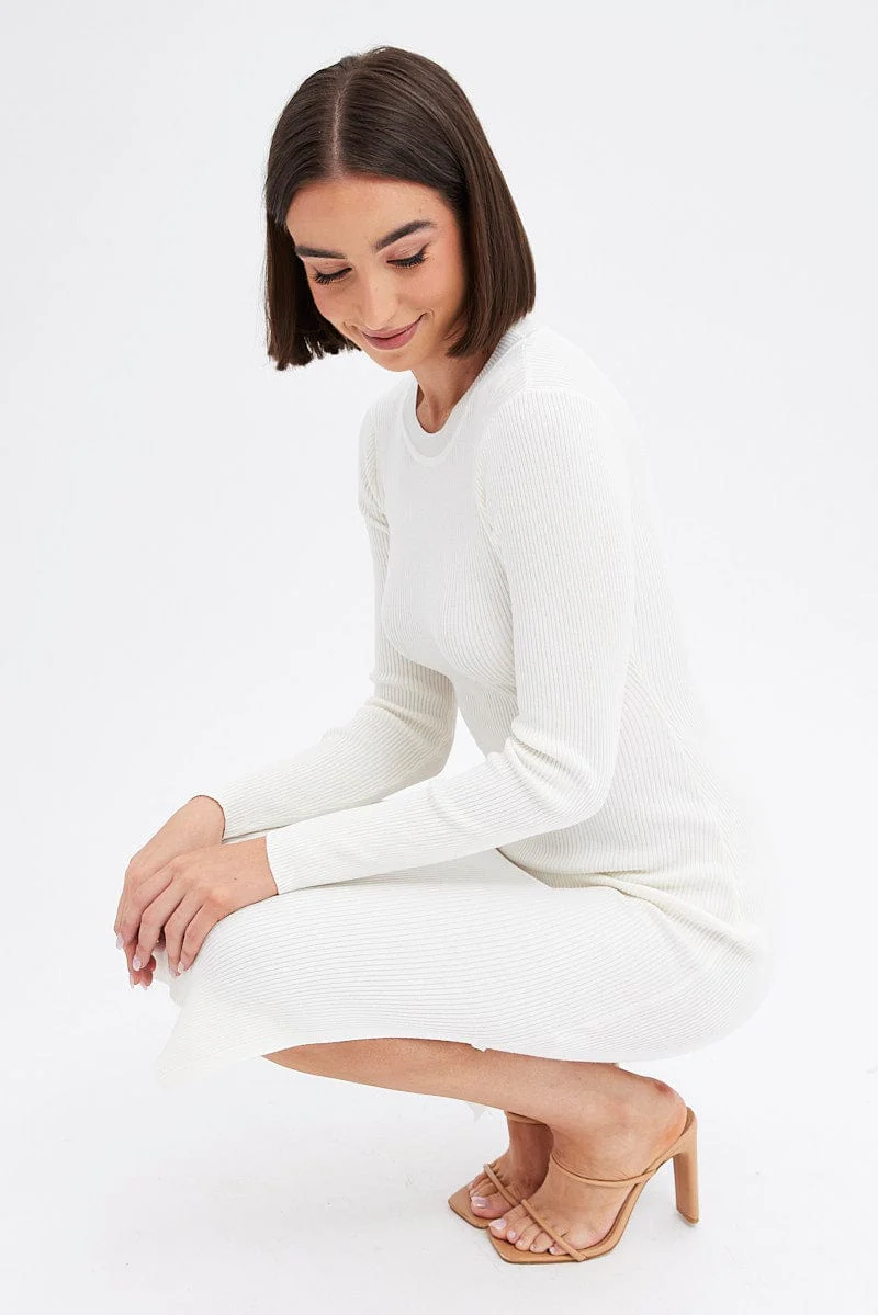 White Midi Dress Long Sleeve Round Neck Rib Knitted
