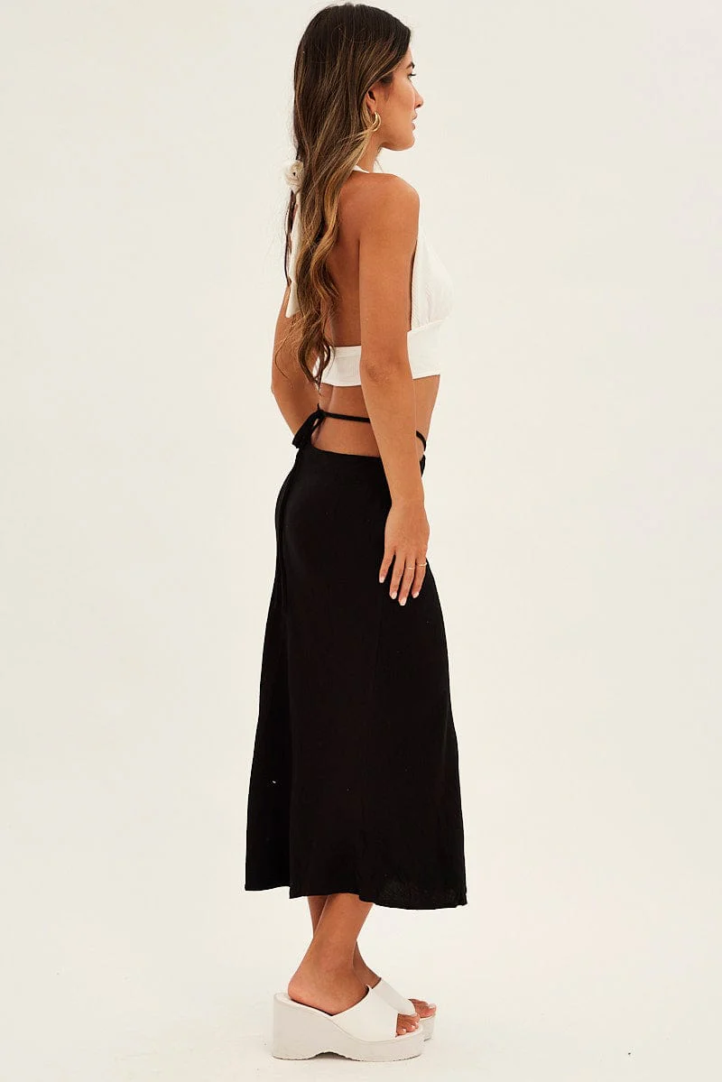 Black Linen Blend Waist Tie Slip Midi Skirt